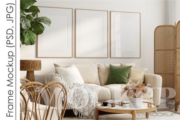 Download Poster Mockup, Three Wood Frames Mockup - Poster mockup Collection